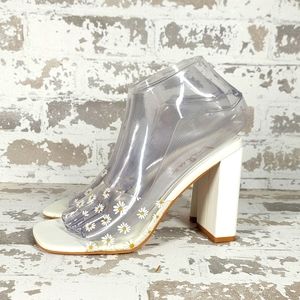 Lulus Viona White Floral Slip On Square Toe High Heel Sandals  V197